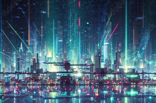 Futuristic cityscape with neon lights 