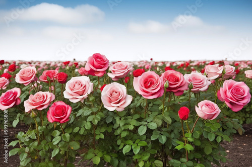 Pink and red roses in a field under a blue sky