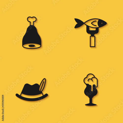 Set Chicken leg, Glass of beer, Oktoberfest hat and Dried fish icon with long shadow. Vector