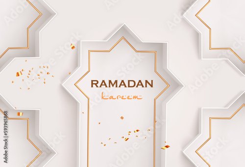 Ramadan Kareem holiday card. 3D render islam arch shape and greeting text muslim template. Design elements door, frame,window on white background. Realistic vector illustration.