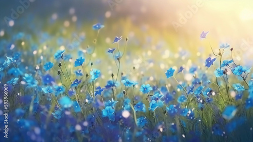 field of blue flowers with sunshine