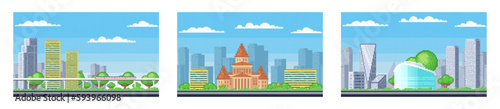 City buildings. Downtown pixelated cityscape set. Scenery skyline. Urban neighbourhood. Suburban town silhouette. Sky landscape. Modern architecture and park. Daytime panorama in pixel art style
