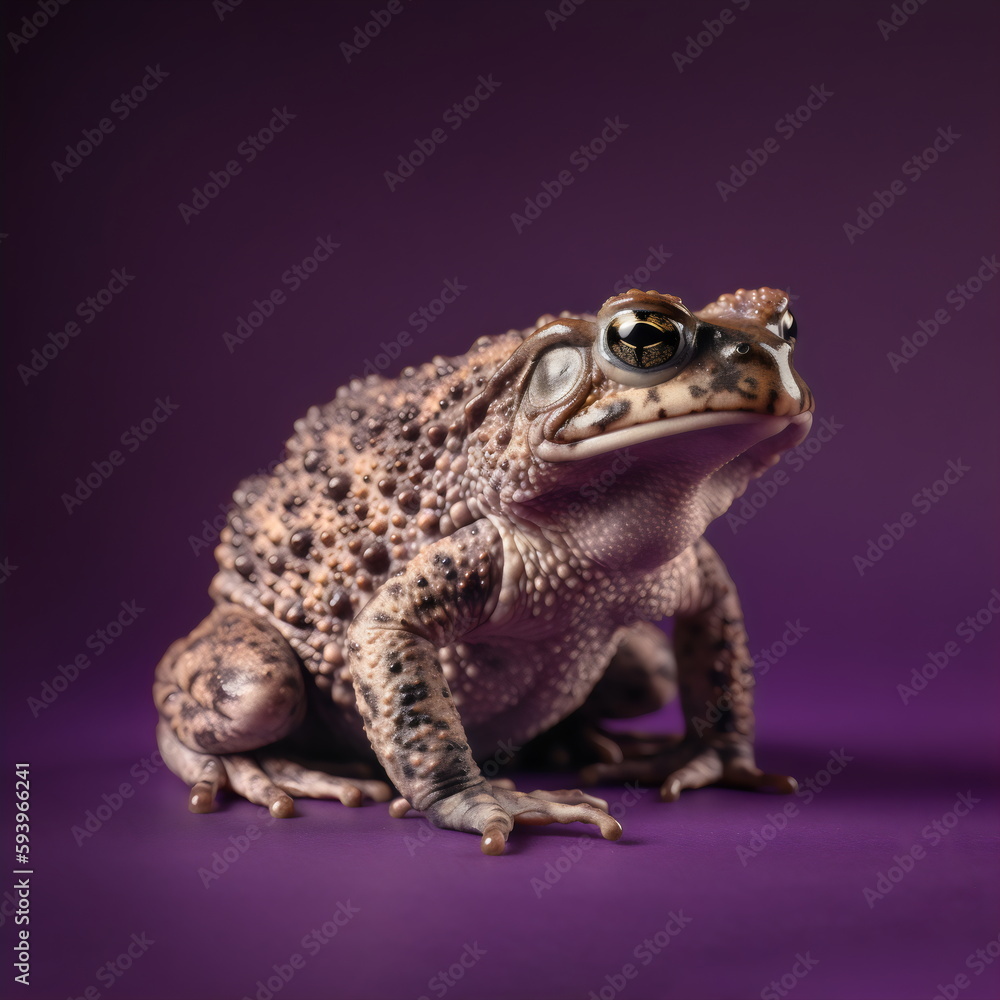 Obraz premium toad sitting isolated on plain purple studio background, made with generative ai