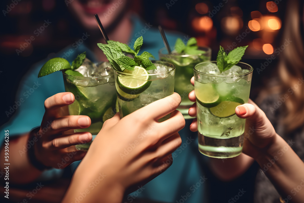 cheerful group of friends raising their glasses of refreshing mojito drinks with excitement and joy at a stylish bar, celebrating their friendship and good times ai generated art