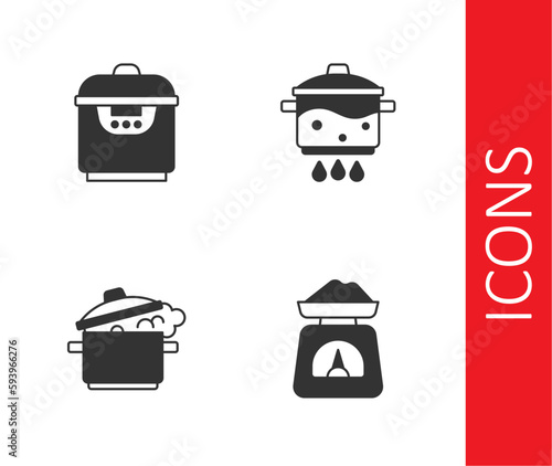 Set Scales, Slow cooker, Cooking pot and on fire icon. Vector