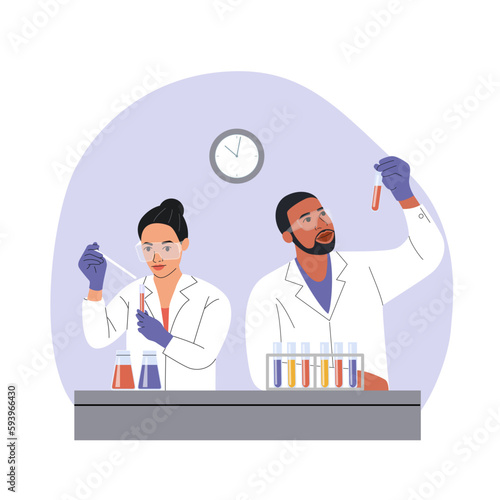 Black man and woman Scientists analysing biochemicals samples in the lab. Vector cartoon flat style illustration