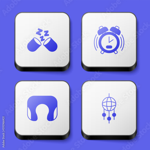 Set Sleeping pill, Alarm clock, Travel neck pillow and Dream catcher with feathers icon. White square button. Vector