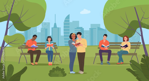 Young women and men reading books in the park. Vector flat illustration