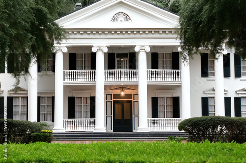 Colonial-style mansion with black door and white columns
