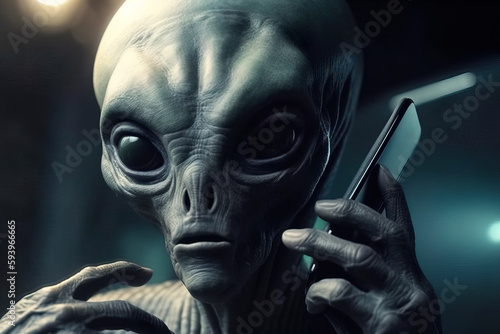Generative AI illustration of extraterrestrial alien with black wide eyes talking on mobile phone against blurred background photo