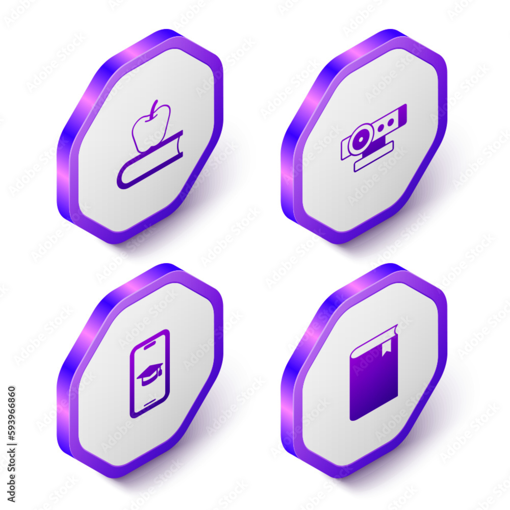 Set Isometric Book with apple, Web camera, Graduation cap on mobile and icon. Purple hexagon button. Vector Set Isometric Book with apple, Web camera, Graduation cap on mobile and icon. Purple hexagon button. Vector