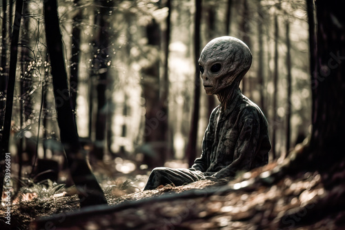 Side view of generative AI illustration of thoughtful extraterrestrial ancient alien looking away against blurred green trees in forest during daytime photo