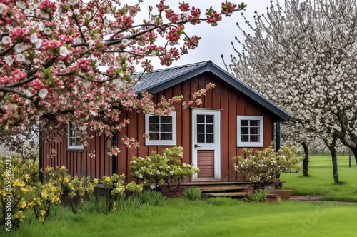 Rustic cottage in a blooming orchard