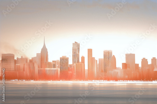 Cityscape with golden fog and vibrant colors