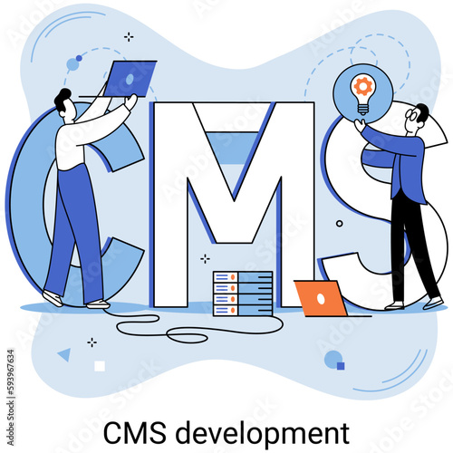 Digital content management system, CMS development software metaphor. Information system or computer program enable organize collaborative process of creating, editing and managing soft in network