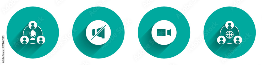 Set Meeting, Mute microphone, Video chat conference and icon with long shadow. Vector Set Meeting, Mute microphone, Video chat conference and icon with long shadow. Vector