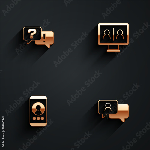 Set Question and Answer, Video chat conference, and Speech bubble icon with long shadow. Vector