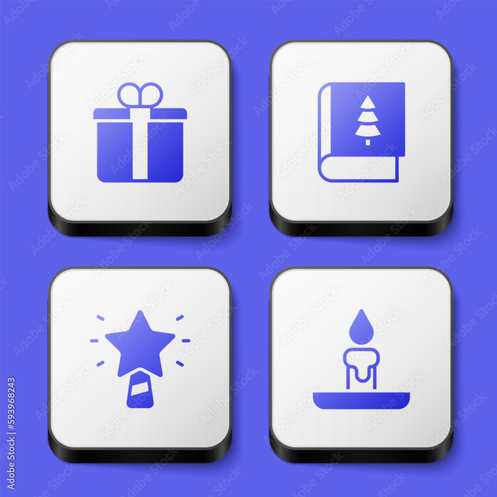 Set Gift box, Christmas book, star and Burning candle icon. White square button. Vector Set Gift box, Christmas book, star and Burning candle icon. White square button. Vector