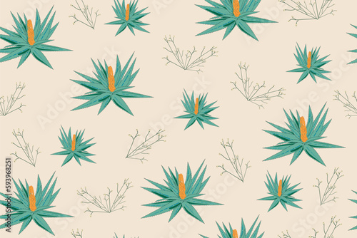 Beautiful exotic floral seamless pattern with aloe vera on light background. Stock illustration.