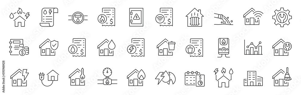 Set of 30 line icons related to public utilities. Gas, electricity, water, heating. Editable stroke. Vector illustration - obrazy, fototapety, plakaty 