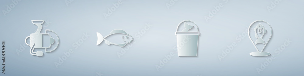 Set Spinning reel for fishing, Fish, Fishing bucket with and Location. Paper art style. Vector Set Spinning reel for fishing, Fish, Fishing bucket with and Location. Paper art style. Vector