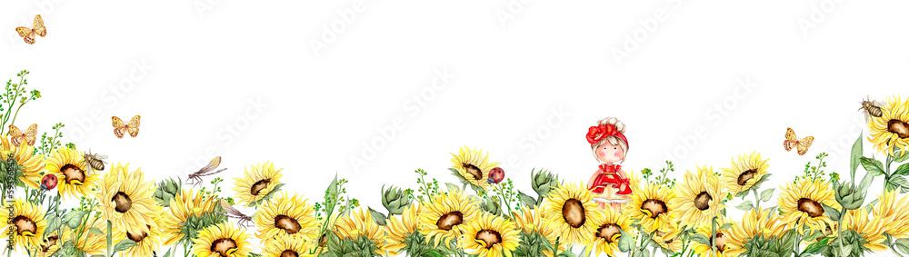 Watercolor horizontal seamless background with sunflowers. Butterflies in cartoon style. Hand drawn illustration of summer. Perfect for scrapbooking, kids design, wedding invitation. greetings cards.