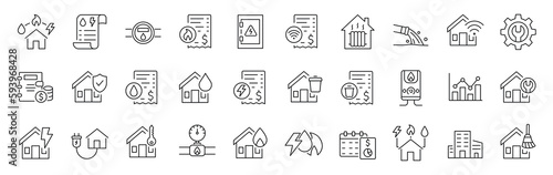 Set of 30 line icons related to public utilities. Gas, electricity, water, heating. Editable stroke. Vector illustration photo