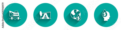 Set Oil platform in the sea, pump pump jack, drop with dollar symbol and icon with long shadow. Vector