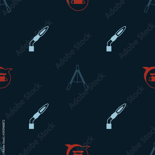 Set Blacksmith anvil tool, Air blower bellows and Welding torch on seamless pattern. Vector