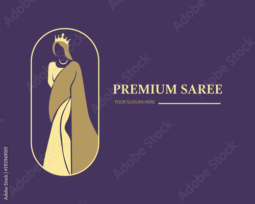 Luxury Saree logo design with women figure template. Premium Women india dress or clothing  Fashion logo design.	