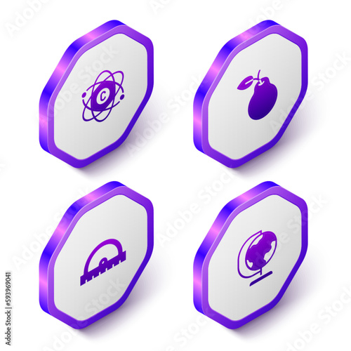 Set Isometric Atom, Pear, Protractor grid and Earth globe icon. Purple hexagon button. Vector