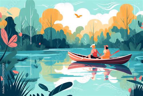 A holiday vacation two young women rowing and kayaking on a river. cartoon Illustration.