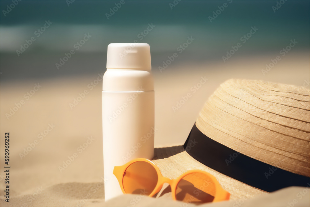 protect your skin with sunscreen lotion mock up, sandy beach with straw hat and orange sunglasses protect your skin with sunscreen lotion mock up, sandy beach with straw hat and orange sunglasses