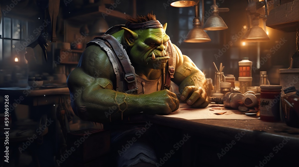 Orc working in a bar created with AI