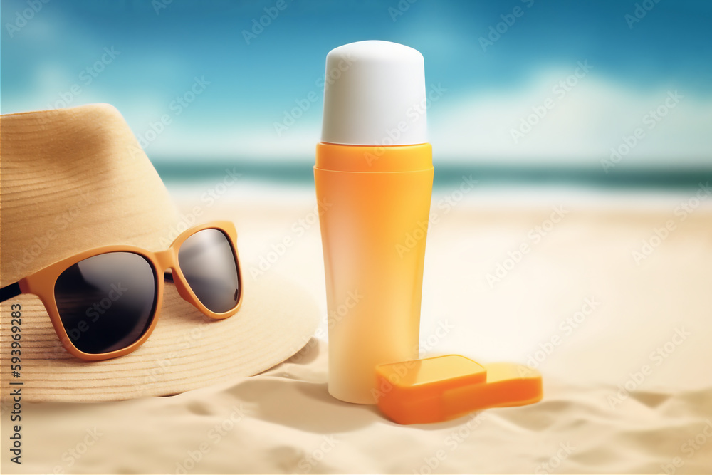  SPF sunscreen lotion on beautiful sandy beach backdrop with a stylish hat, sunglasses.