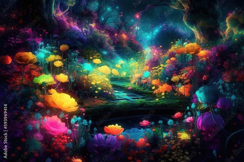 Obraz premium Surreal garden filled with fluorescent flowers and plants. The scene is vibrant and colorful, with neon colors blending together to create a dreamlike landscape. Generative AI