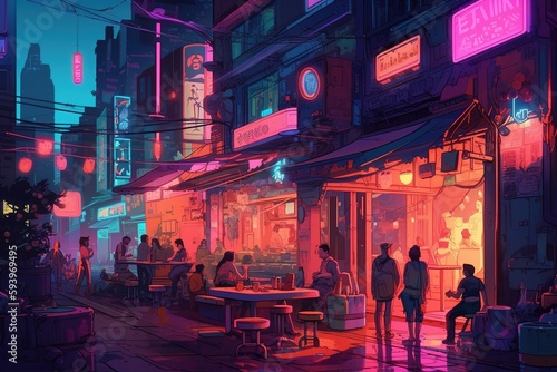 Illustration nightlife of a futuristic city, with fluorescent lights illuminating the streets. The scene is energetic and dynamic, with people dancing and socializing in clubs and bars. Generative AI