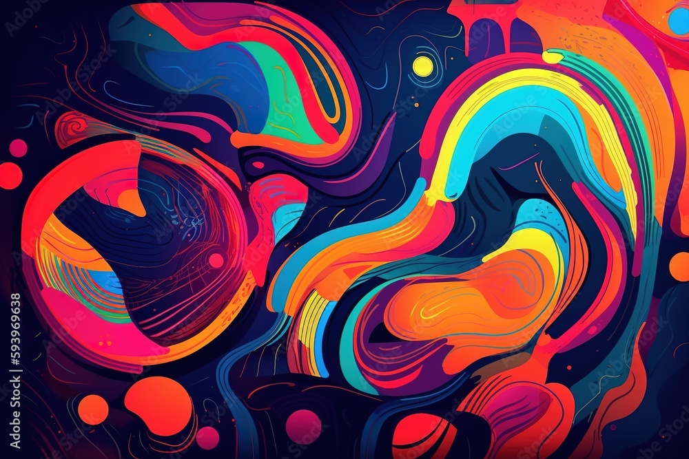 Abstract shapes and patterns in fluorescent colors. The shapes are bold and dynamic, with colors blending together to create a striking visual effect. Generative AI