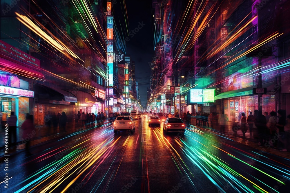 Concept illustration showcases a busy city street illuminated by fluorescent lights. Scene is lively and energetic, with people walking and cars driving by. Futuristic dynamic vibe. Generative AI