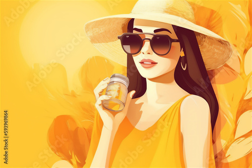 woman in straw hat and sunglasses with bottle of sunscreen lotion and a jar of sun protection pills
