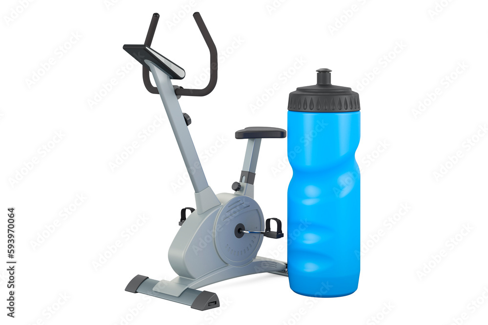 Plastic sport water bottle with exercise bike, 3D rendering