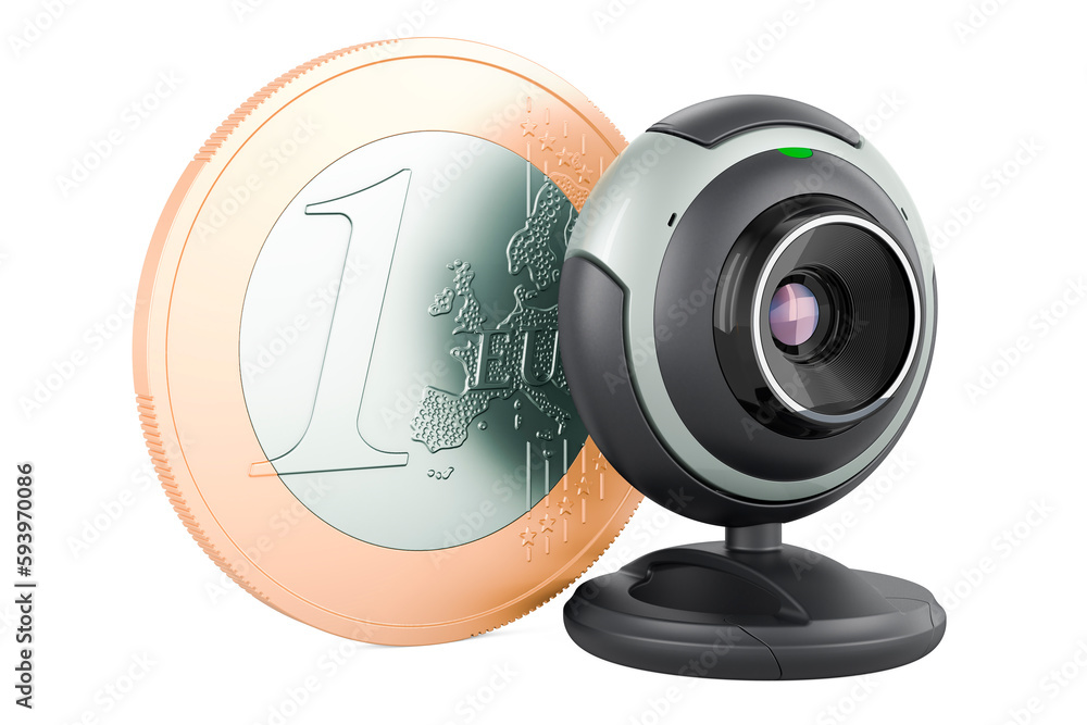 Webcam with euro coin, 3D rendering