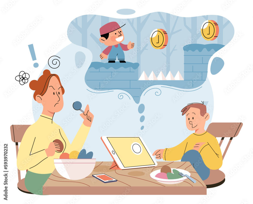 Cartoon happy little boy using tablet, child watching smartphone while eating at kitchen at home. Irritated mom is nervous that kid is distracted during feeding and spends too much time with gadgets Cartoon happy little boy using tablet, child watching smartphone while eating at kitchen at home. Irritated mom is nervous that kid is distracted during feeding and spends too much time with gadgets