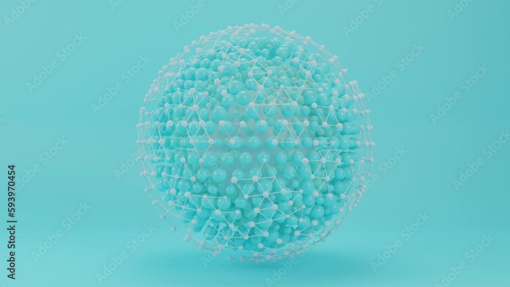 Loop 3d animation of an abstract sphere made of a molecular grid, a set of triangles and a nucleus. Abstract composition. A giant molecule, an atom, a bacterium. A microorganism.