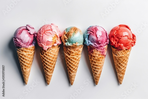 Line of five bright and colorful icecream in waffle cones on white background. Generative AI.