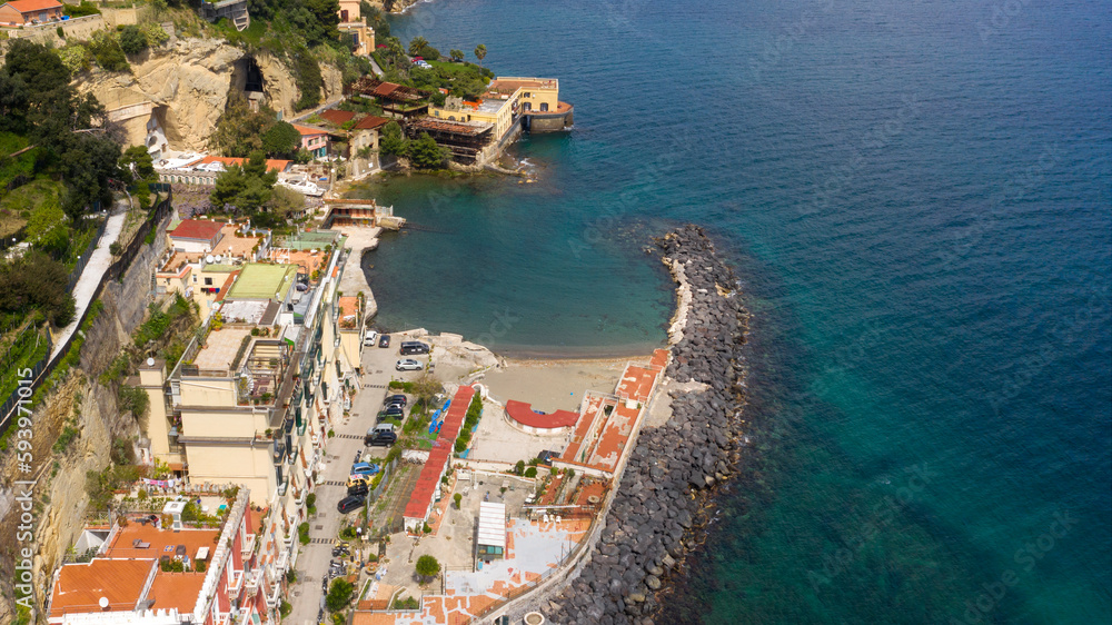 Aerial view of Marechiaro beach. It is located in the Posillipo district in Naples, Italy. It is a small artificial gulf of the Tyrrhenian Sea.