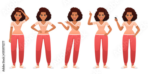 The lady stands thinking about something, points to something, dissatisfied with her hands on her hips, with a smartphone in her hand. Young black woman in full length character set. African girl