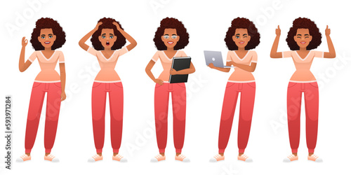 The lady is standing with a book, with a laptop in her hands, clutching her head in a panic, OK gesture, approval gesture. A beautiful slender African girl stands in different poses. Young black woman