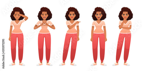 A beautiful slender African girl stands in sadness, makes a heart sign out of her hands, points to something, thinks about something, is surprised. Lady in full growth character set. 