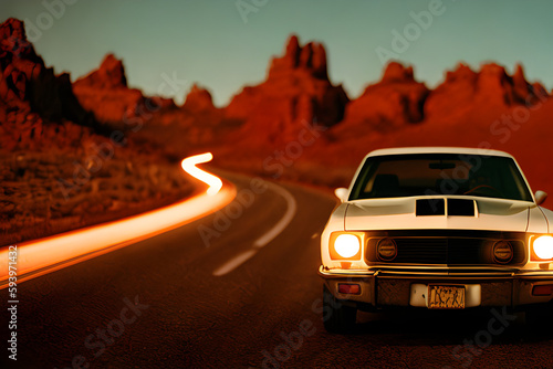 muscle car on mountain road in sunset created with Generative AI technology © Евгений Гвоздев